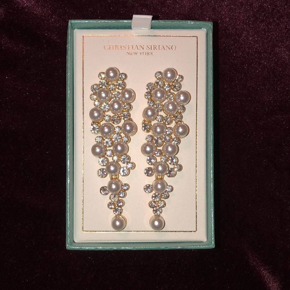 Christian Siriano NY Faux Pearl & Jewels Gold Tone Dangling Earrings - Picture 5 of 10